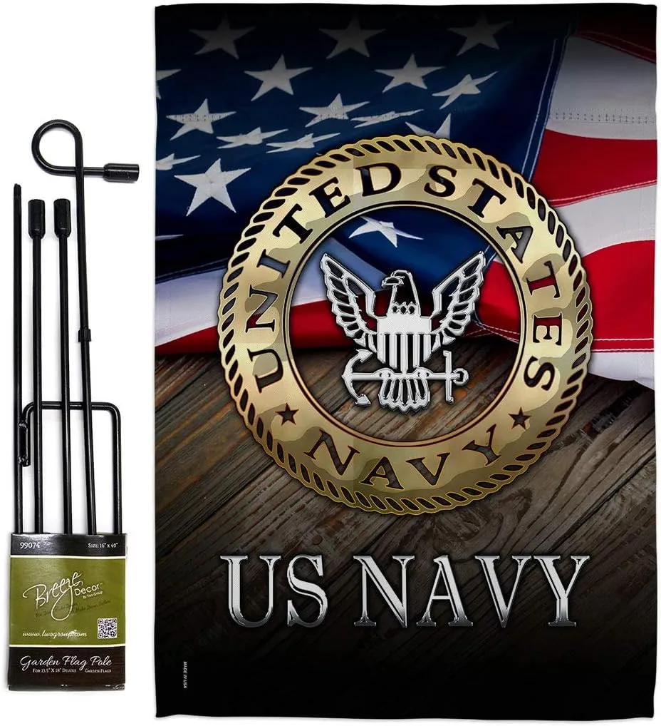 US Navy Garden Flag - Set with Stand Armed Forces USN Seabee United State American Military Veteran Retire Official - House Decoration Banner Small Yard Gift Double-Sided Made in USA 13 X 18.5