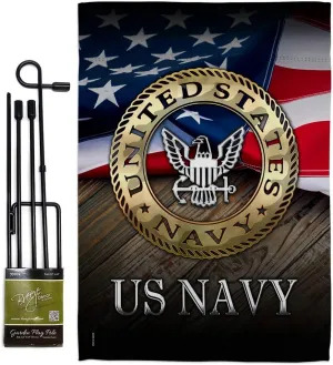 US Navy Garden Flag - Set with Stand Armed Forces USN Seabee United State American Military Veteran Retire Official - House Decoration Banner Small Yard Gift Double-Sided Made in USA 13 X 18.5