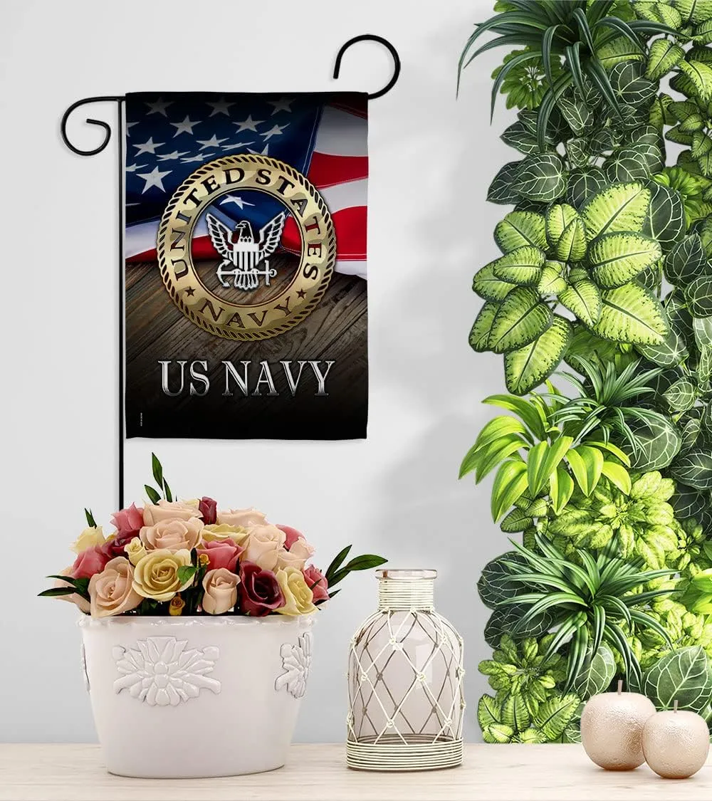 US Navy Garden Flag - Set with Stand Armed Forces USN Seabee United State American Military Veteran Retire Official - House Decoration Banner Small Yard Gift Double-Sided Made in USA 13 X 18.5