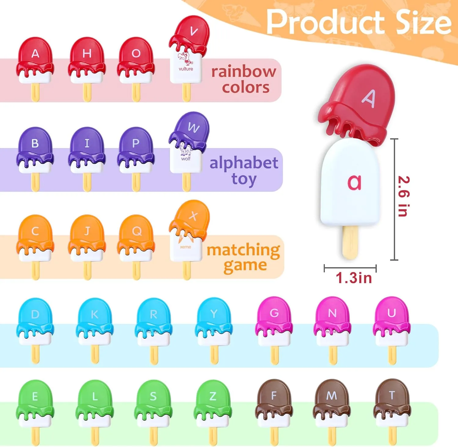 USATDD ABC Alphabet Learning Toys Alphabet Popsicles Animal Matching Toy Uppercase Lowercase Preschool Learning Activities Montessori Toys Back to School Gifts for Kids Ages 3 , 52 Pcs
