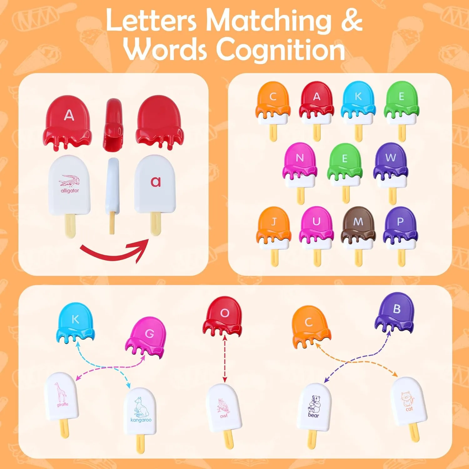 USATDD ABC Alphabet Learning Toys Alphabet Popsicles Animal Matching Toy Uppercase Lowercase Preschool Learning Activities Montessori Toys Back to School Gifts for Kids Ages 3 , 52 Pcs