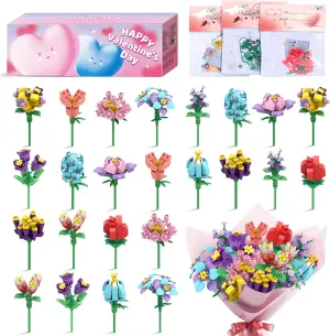 Valentines Day Gifts for Kids Classroom/School,24PCS Building Blocks Flower Kits and Valentines Cards,Toys for 3  Years Old Girls & Boys