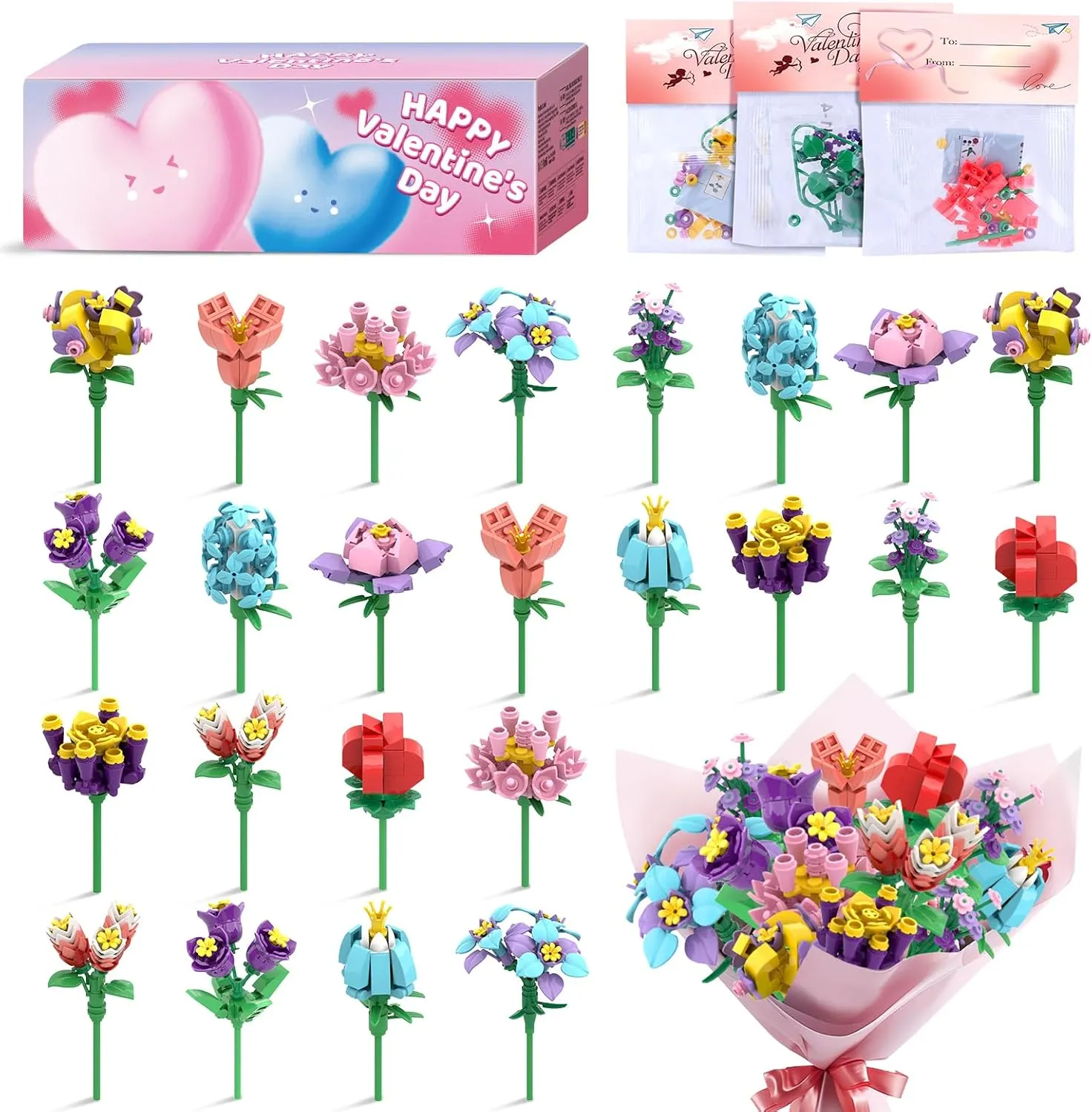 Valentines Day Gifts for Kids Classroom/School,24PCS Building Blocks Flower Kits and Valentines Cards,Toys for 3  Years Old Girls & Boys