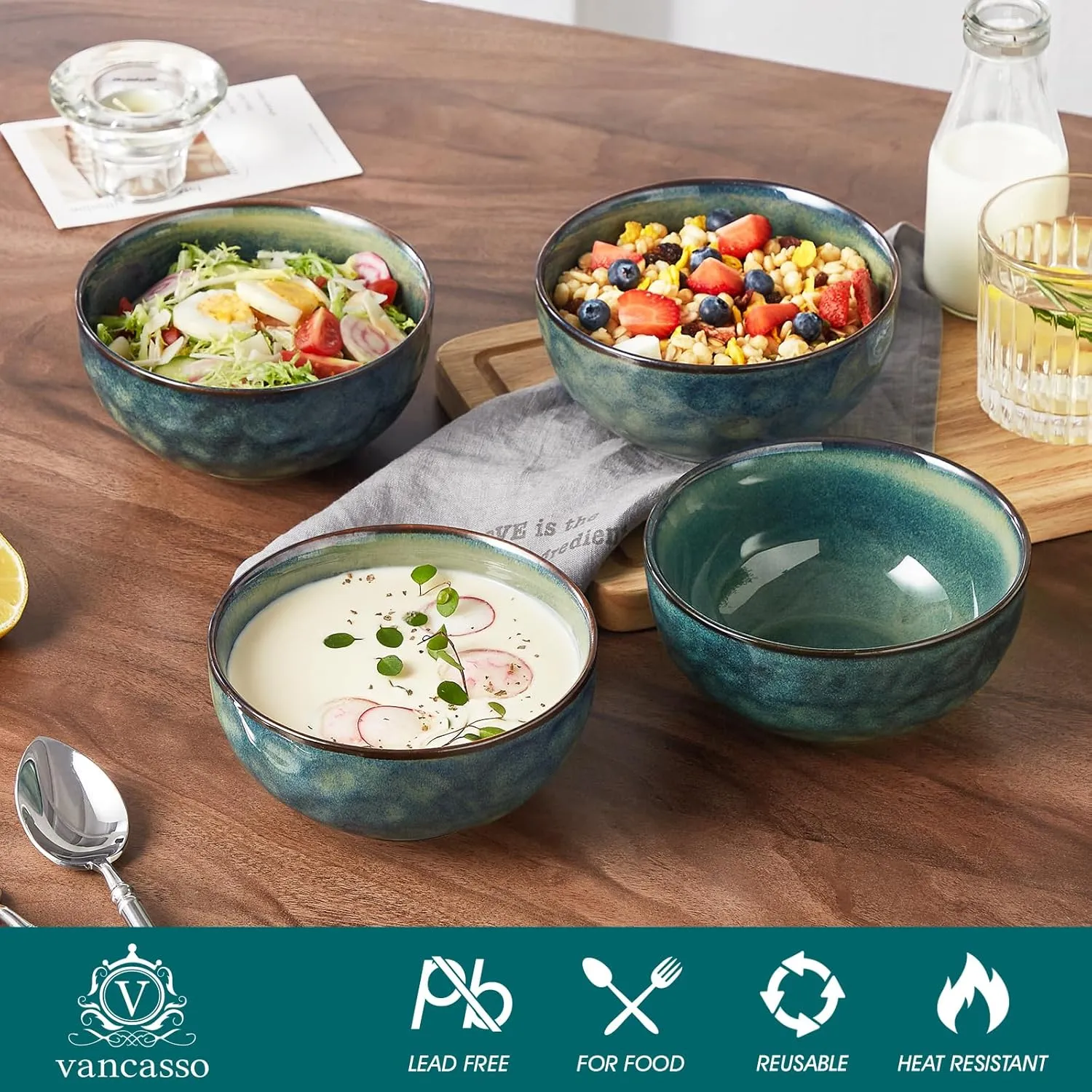 vancasso Starry 24oz Bowls for Soup, Ceramic Deep Soup Bowls Set of 4, Green Cereal Bowls Set for Kitchen, Salad Bowls Set, Pasta Oatmeal Bowls, Lead-free, Dishwasher & Microwave Oven Safe