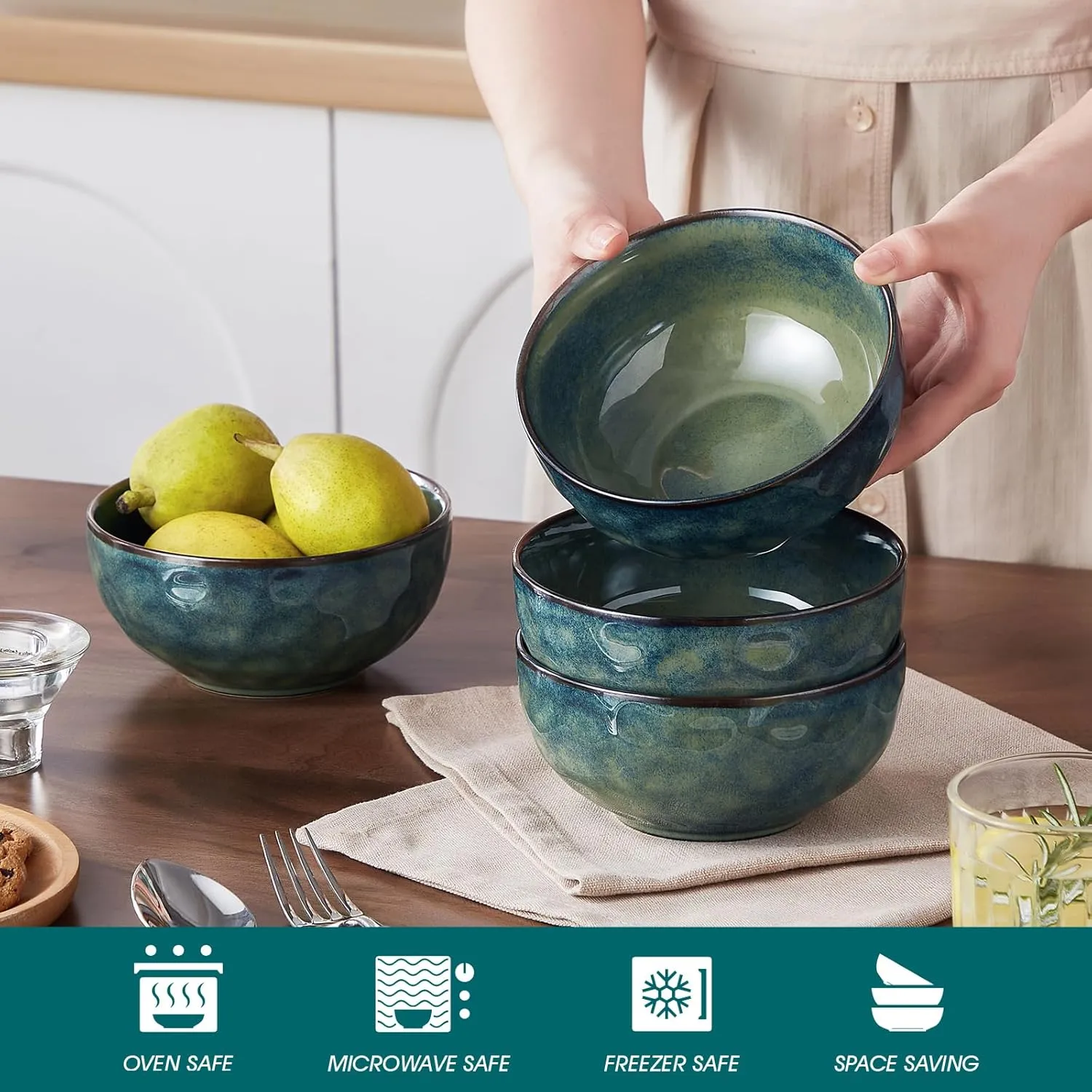 vancasso Starry 24oz Bowls for Soup, Ceramic Deep Soup Bowls Set of 4, Green Cereal Bowls Set for Kitchen, Salad Bowls Set, Pasta Oatmeal Bowls, Lead-free, Dishwasher & Microwave Oven Safe