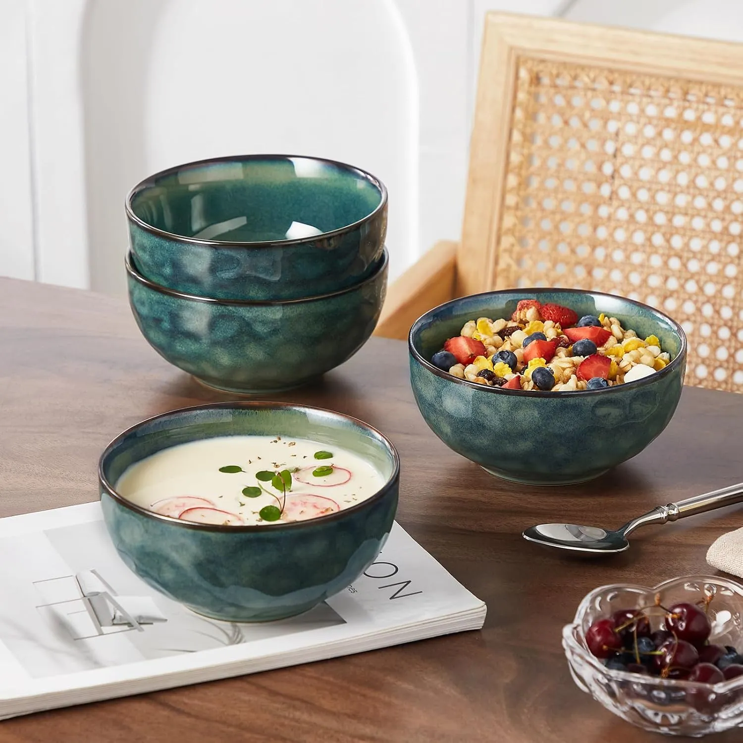 vancasso Starry 24oz Bowls for Soup, Ceramic Deep Soup Bowls Set of 4, Green Cereal Bowls Set for Kitchen, Salad Bowls Set, Pasta Oatmeal Bowls, Lead-free, Dishwasher & Microwave Oven Safe