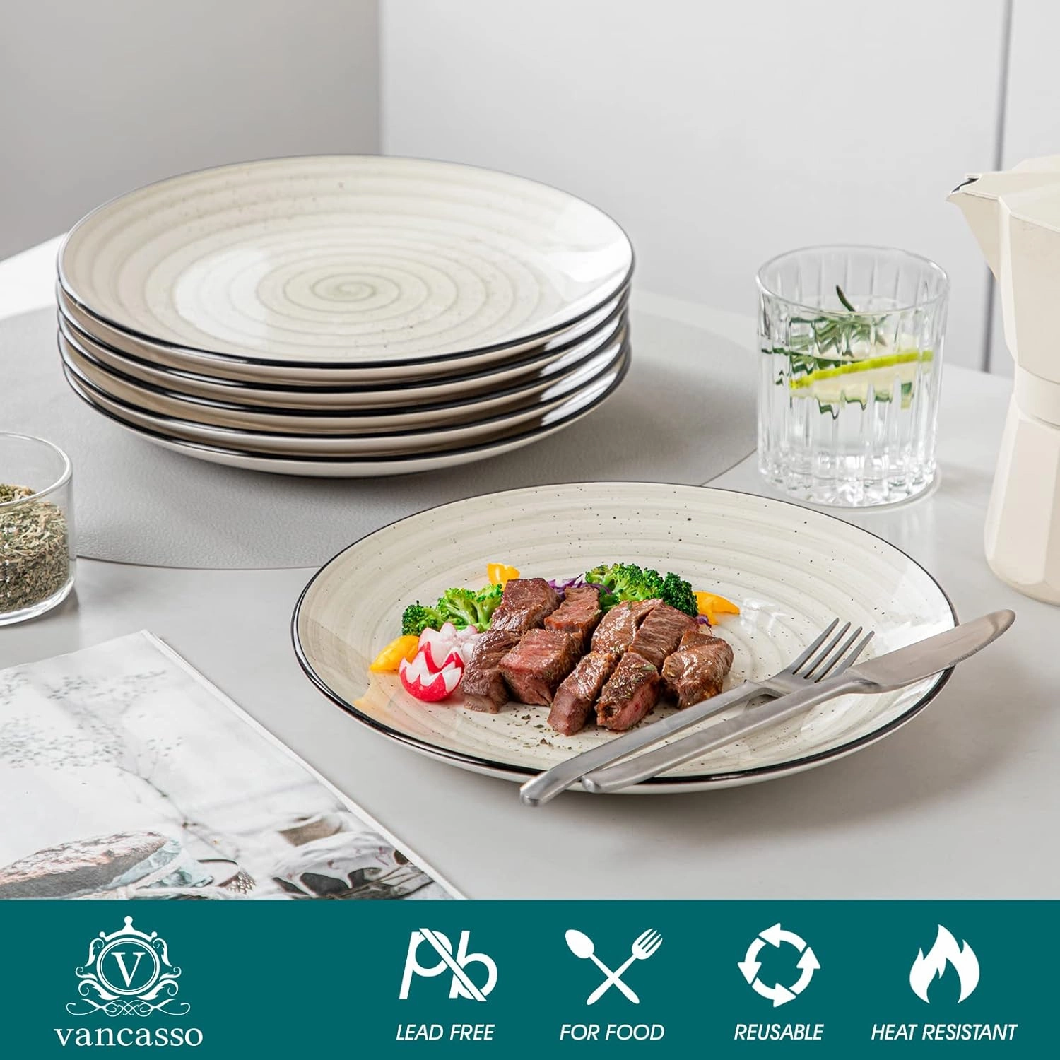 vancasso Bonbon Dinner Plates Set of 6, 10.5 Inch Dish Set, Beige Ceramic Plates, Microwave & Dishwasher Safe