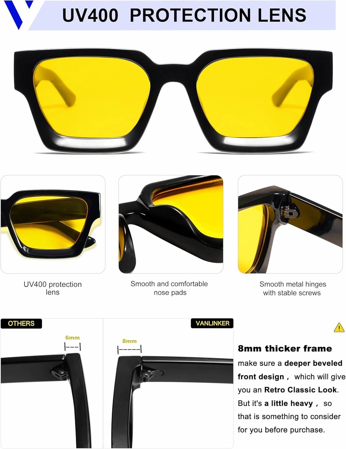 VANLINKER Thick Square Sunglasses for Men Women Retro Chunky Rectangle Shades UV400 Protection VL9731