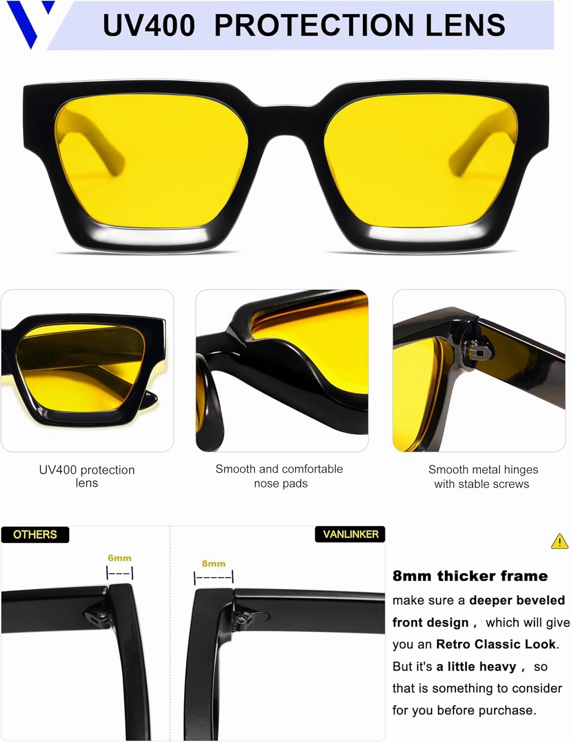 VANLINKER Thick Square Sunglasses for Men Women Retro Chunky Rectangle Shades UV400 Protection VL9731