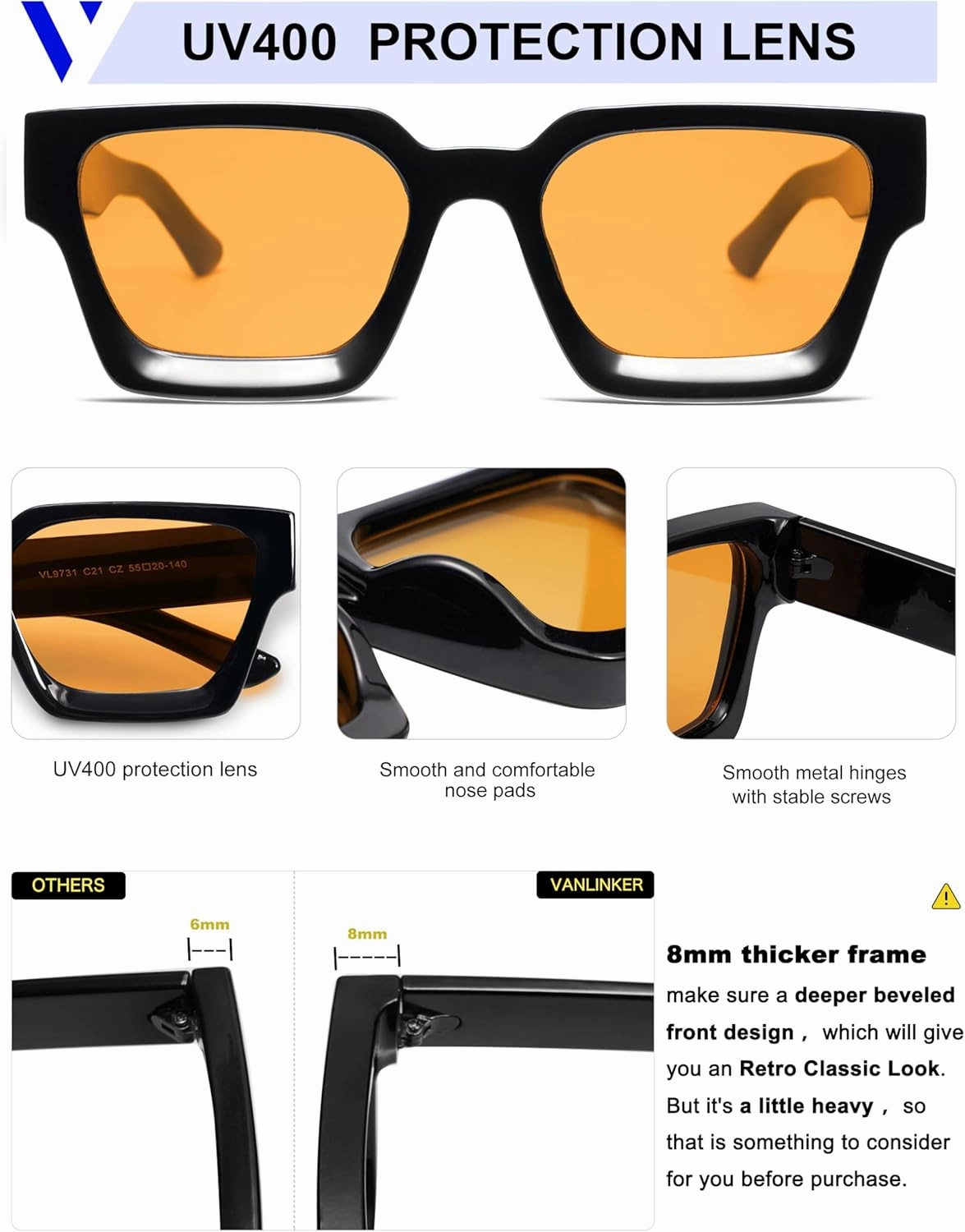 VANLINKER Thick Square Sunglasses for Men Women Retro Chunky Rectangle Shades UV400 Protection VL9731