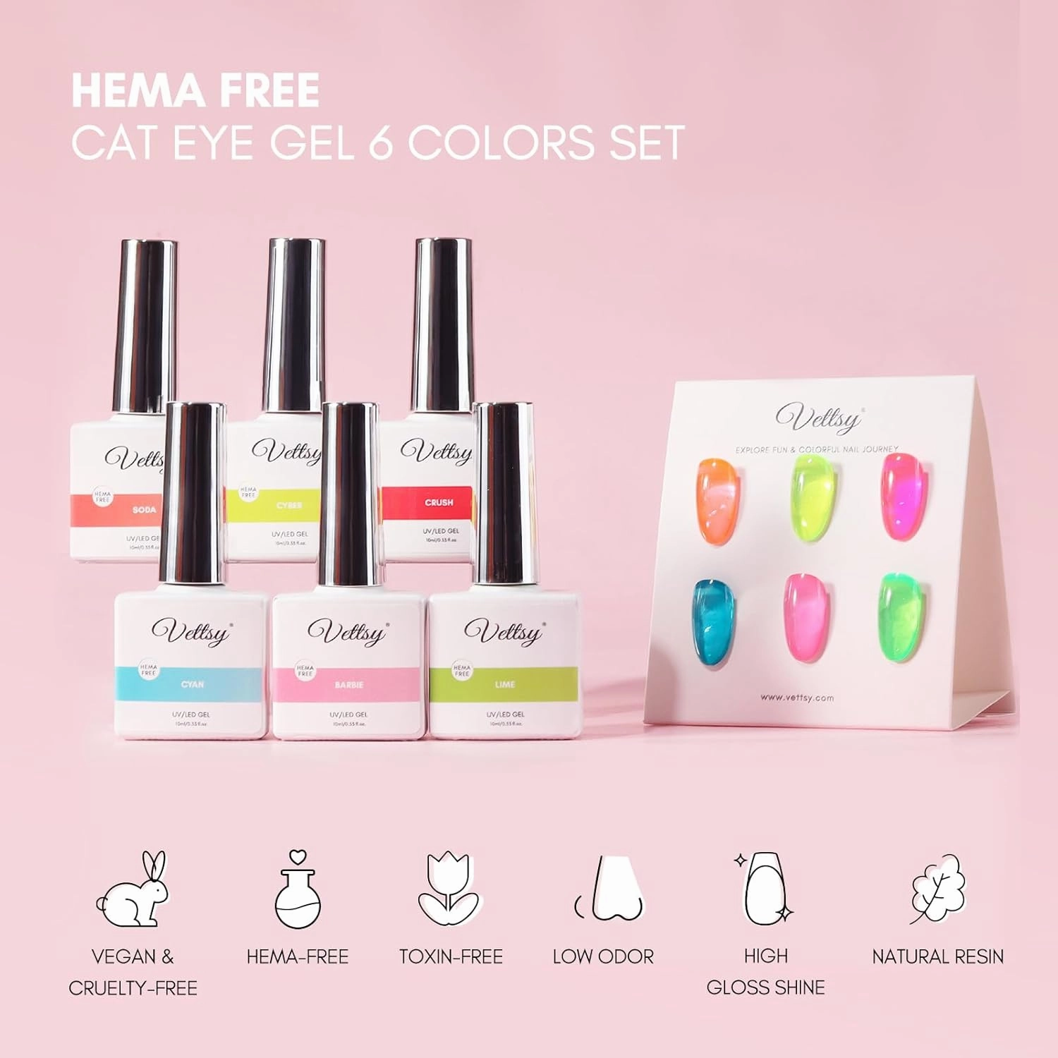vettsy HEMA-Free Neon Jelly Gel Nail Polish Kit - 6 Bold & Vibrant Translucent Colors - Long-Lasting Soak-Off UV/LED Gel Polishes - Vegan, Cruelty-Free for Healthy, Glossy Nails
