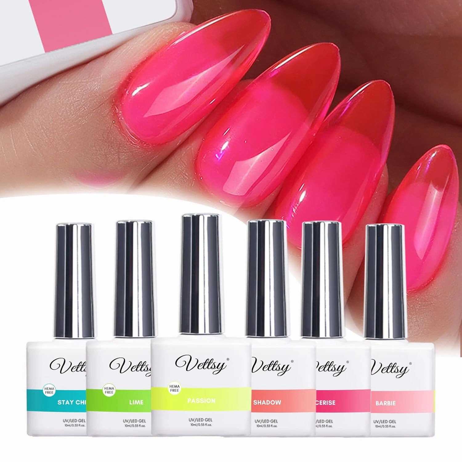 vettsy HEMA-Free Neon Jelly Gel Nail Polish Kit - 6 Bold & Vibrant Translucent Colors - Long-Lasting Soak-Off UV/LED Gel Polishes - Vegan, Cruelty-Free for Healthy, Glossy Nails