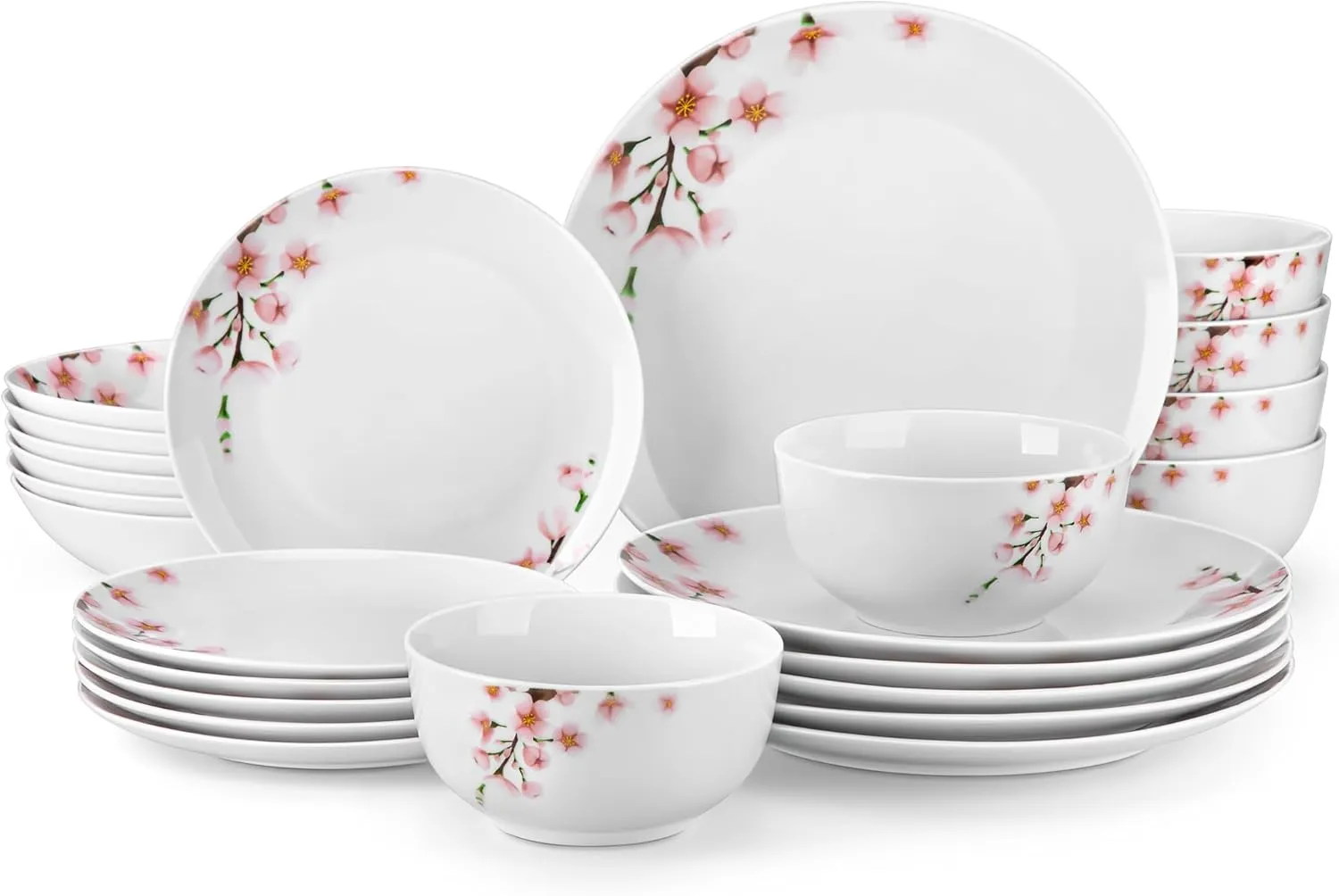 VEWEET Dinnerware Sets for 6, 24 Pieces Porcelain Plates and Bowls Set with Pink Floral, Classic Dishes Set Dining Ware for Dinner, Microwave Dishwasher Safe, Series ANNIE