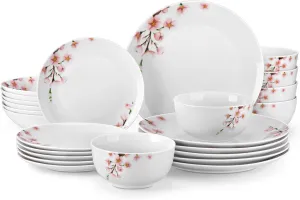 VEWEET Dinnerware Sets for 6, 24 Pieces Porcelain Plates and Bowls Set with Pink Floral, Classic Dishes Set Dining Ware for Dinner, Microwave Dishwasher Safe, Series ANNIE