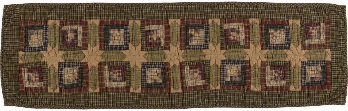 VHC Brands Tea Cabin Runner Quilted 13x48 Log Cabin Country Rustic Lodge Kitchen Tabletop Design, Moss Green and Deep Red