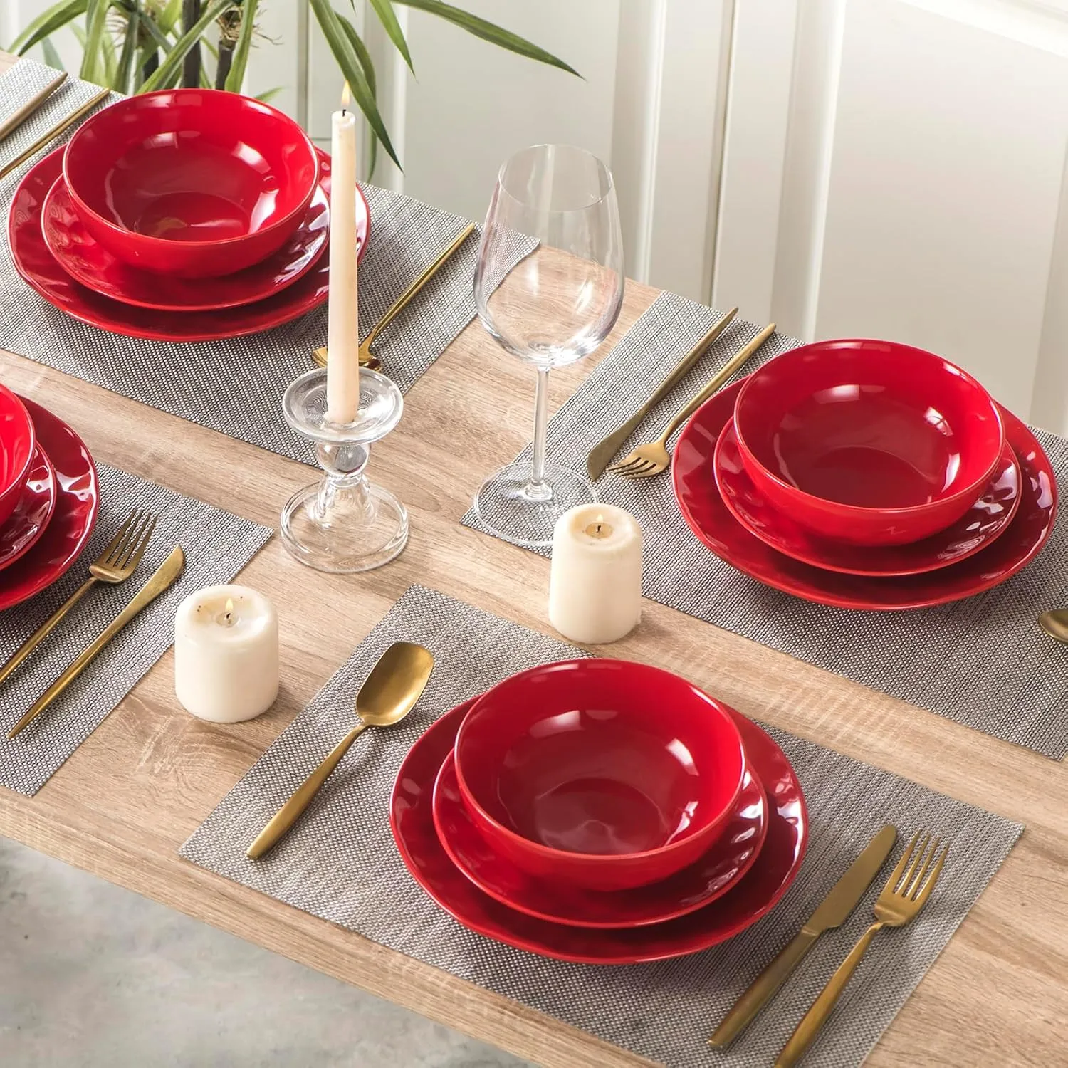 Vicrays Ceramic Pasta & Soup Bowls, Large Salad Bowls - Set of 6 Red, Fluted Stoneware, Dishwasher & Microwave Safe