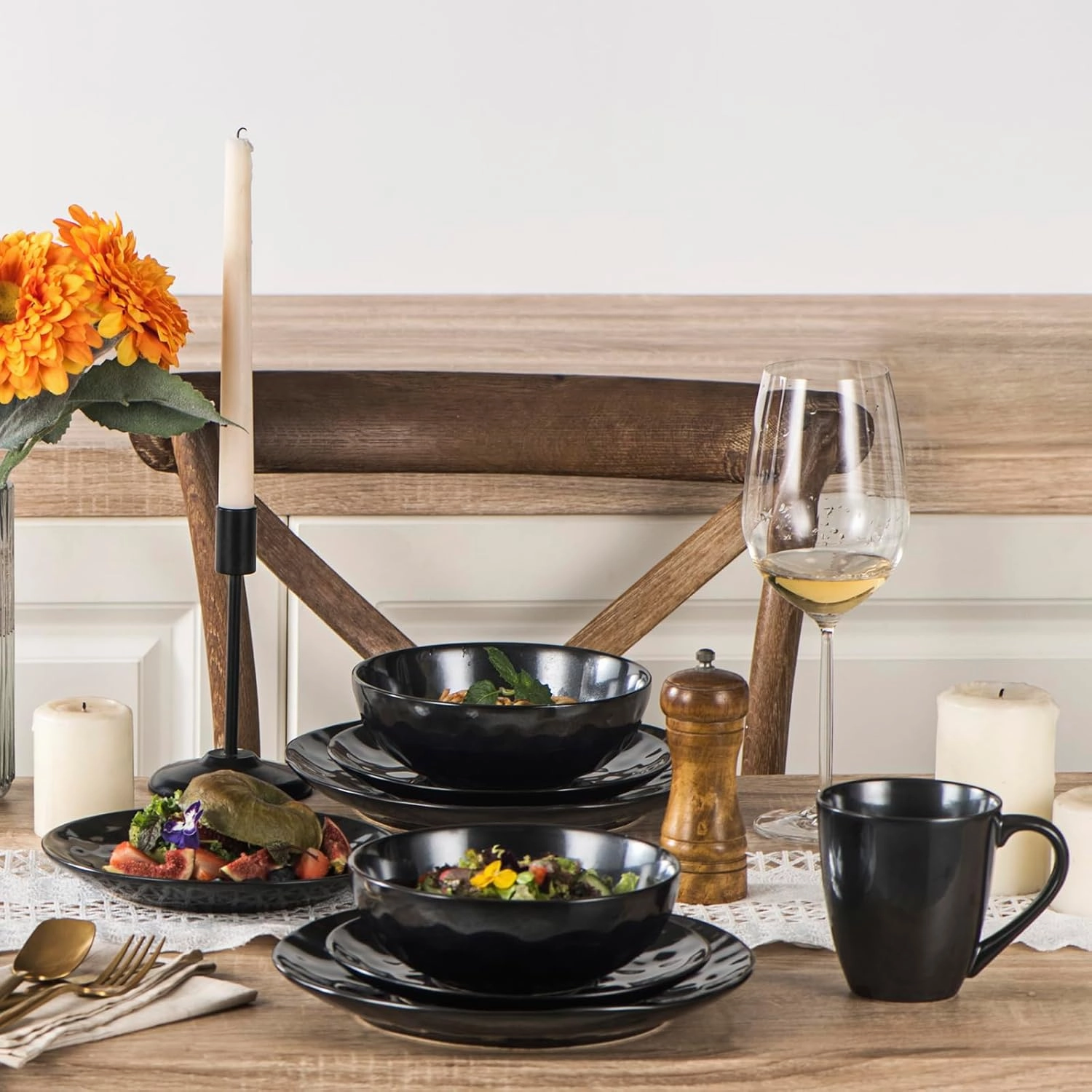 vicrays Ceramic Dinner Plates Set, 10 Inch, Microwave, Oven, Dishwasher Safe, Round, Porcelain Fluted Suitable for Steak, Pasta, Pizza, Home, Restaurant - Set of 6 Black