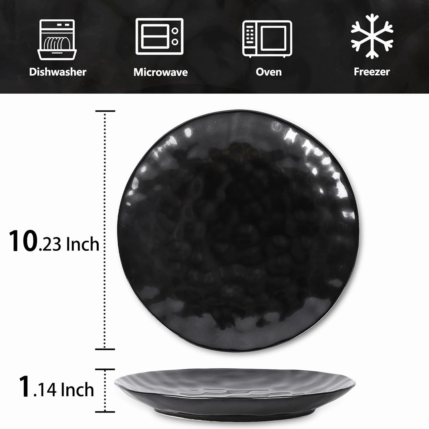 vicrays Ceramic Dinner Plates Set, 10 Inch, Microwave, Oven, Dishwasher Safe, Round, Porcelain Fluted Suitable for Steak, Pasta, Pizza, Home, Restaurant - Set of 6 Black