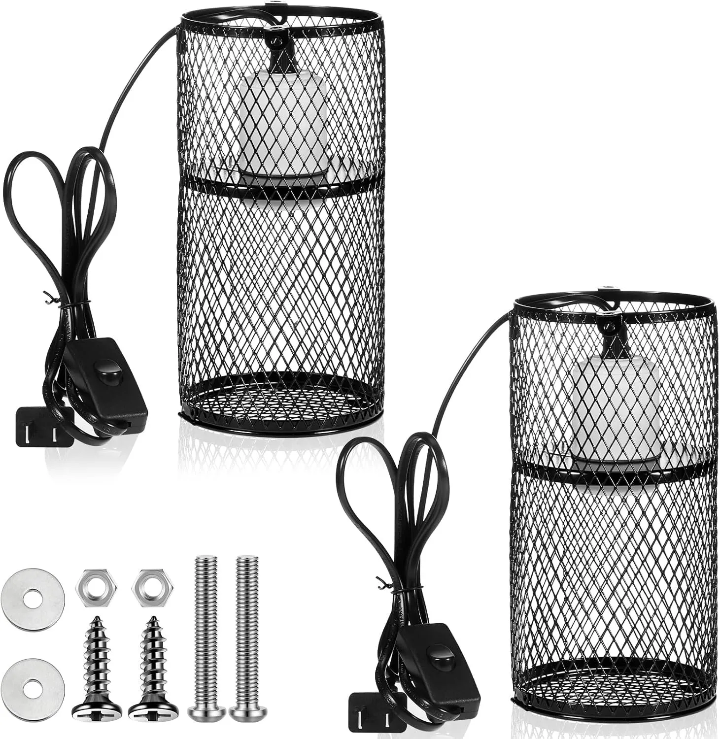 VIHOSE 2 Pcs Reptile Heat Lamp Guard with 150W Ceramic Heat Emitter Basking Anti Scald Heating Lamp Holder Mesh Cage Reptile Protection Lampshades for Lizard Snake Chick, Bulb Not Included