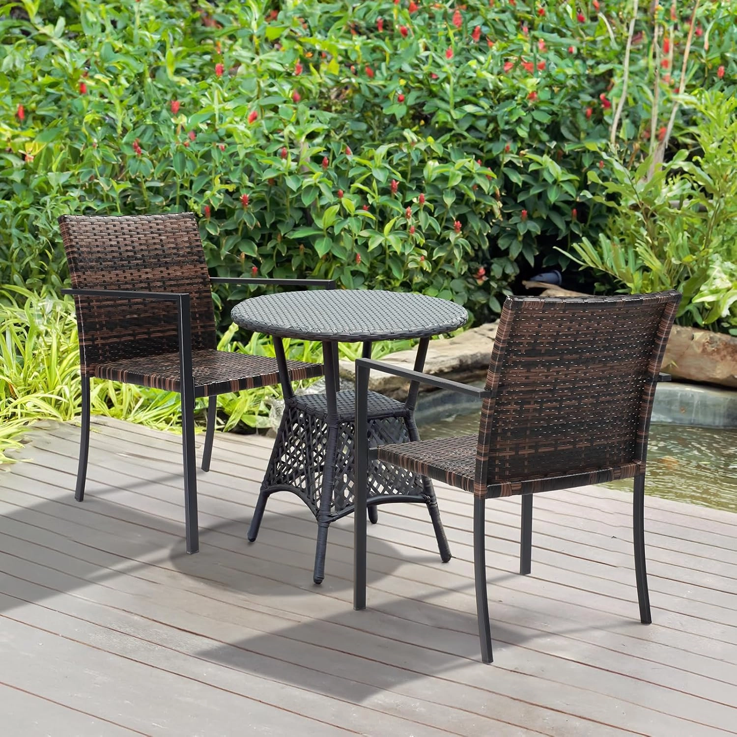 VINGLI Stackable Wicker Chairs Outdoor Dining Set of 4, All-Weather Patio Chairs for Garden, Porch, Deck, Fire Pit - Brown, 350 lbs Capacity