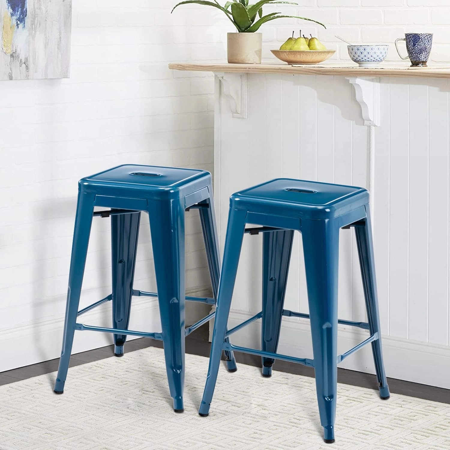 Vogue Furniture Direct 24 Inch Metal Bar Stools, Backless Counter Height Barstools, Indoor Outdoor Stackable Stools with Square Seat, Set of 2 (Deep Blue)