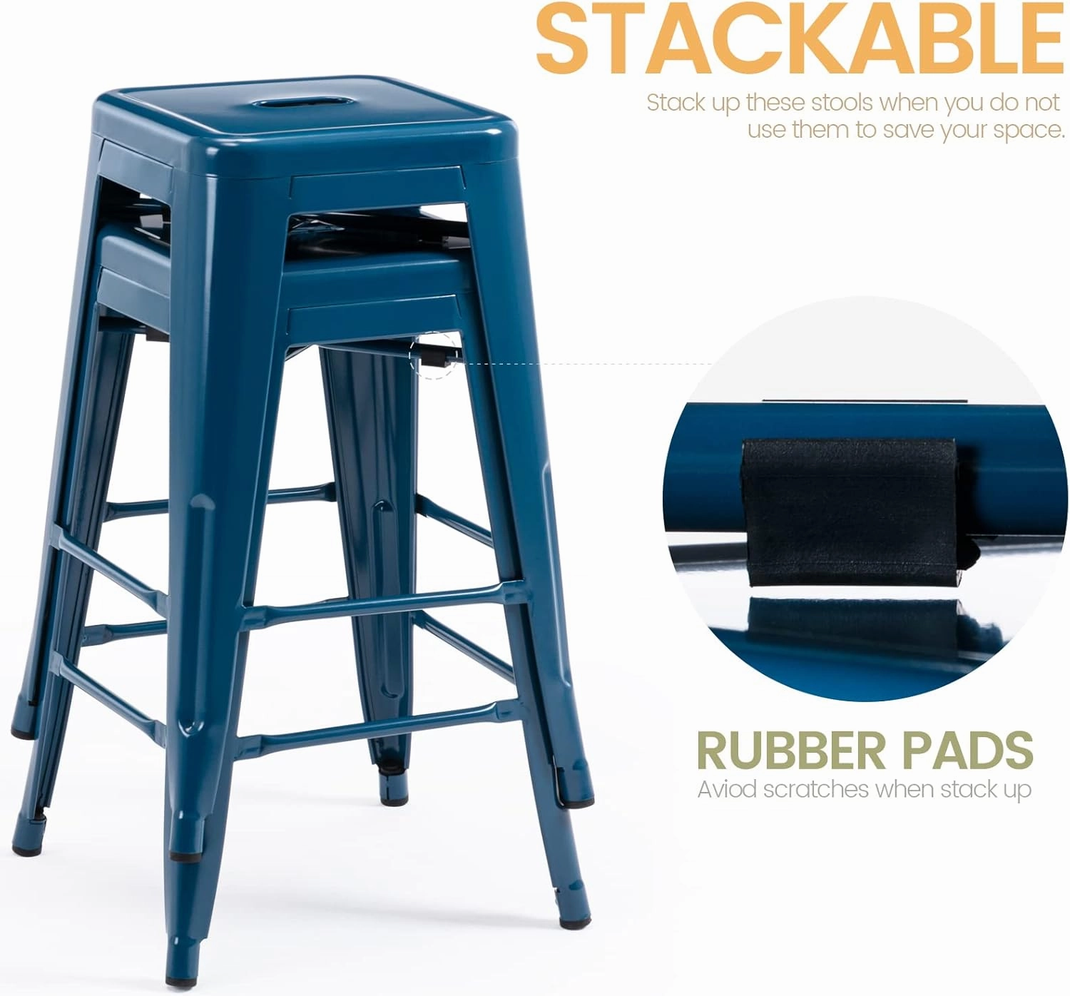 Vogue Furniture Direct 24 Inch Metal Bar Stools, Backless Counter Height Barstools, Indoor Outdoor Stackable Stools with Square Seat, Set of 2 (Deep Blue)