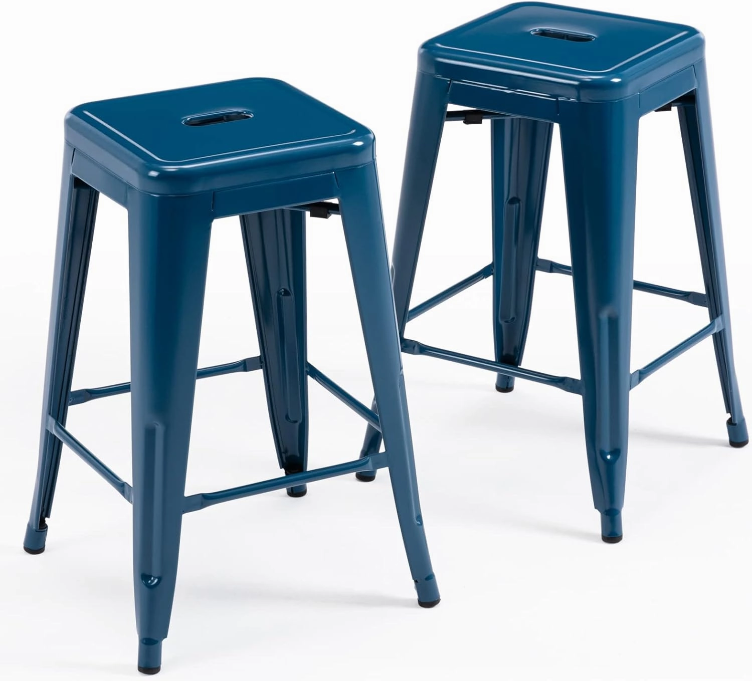 Vogue Furniture Direct 24 Inch Metal Bar Stools, Backless Counter Height Barstools, Indoor Outdoor Stackable Stools with Square Seat, Set of 2 (Deep Blue)