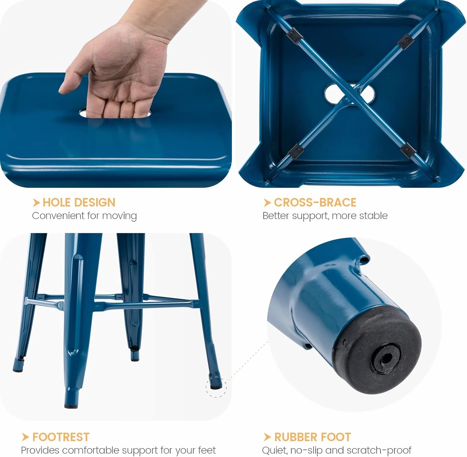 Vogue Furniture Direct 24 Inch Metal Bar Stools, Backless Counter Height Barstools, Indoor Outdoor Stackable Stools with Square Seat, Set of 2 (Deep Blue)