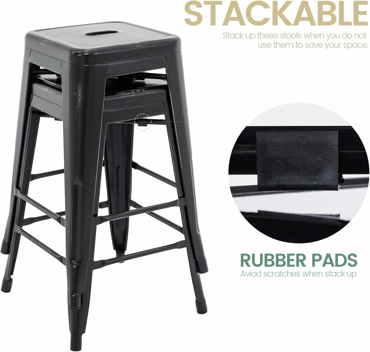 Vogue Furniture Direct 24 Inch Metal Bar Stools, Backless Counter Height Barstools, Indoor Outdoor Stackable Stools with Square Seat, Set of 2 (Distressed Black)