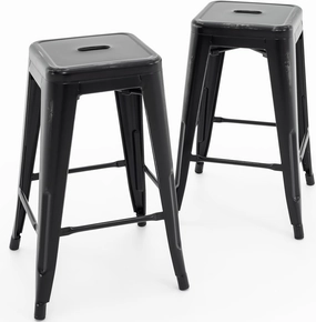 Vogue Furniture Direct 24 Inch Metal Bar Stools, Backless Counter Height Barstools, Indoor Outdoor Stackable Stools with Square Seat, Set of 2 (Distressed Black)