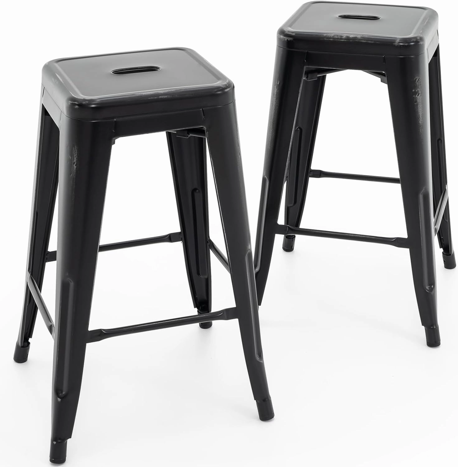 Vogue Furniture Direct 24 Inch Metal Bar Stools, Backless Counter Height Barstools, Indoor Outdoor Stackable Stools with Square Seat, Set of 2 (Distressed Black)