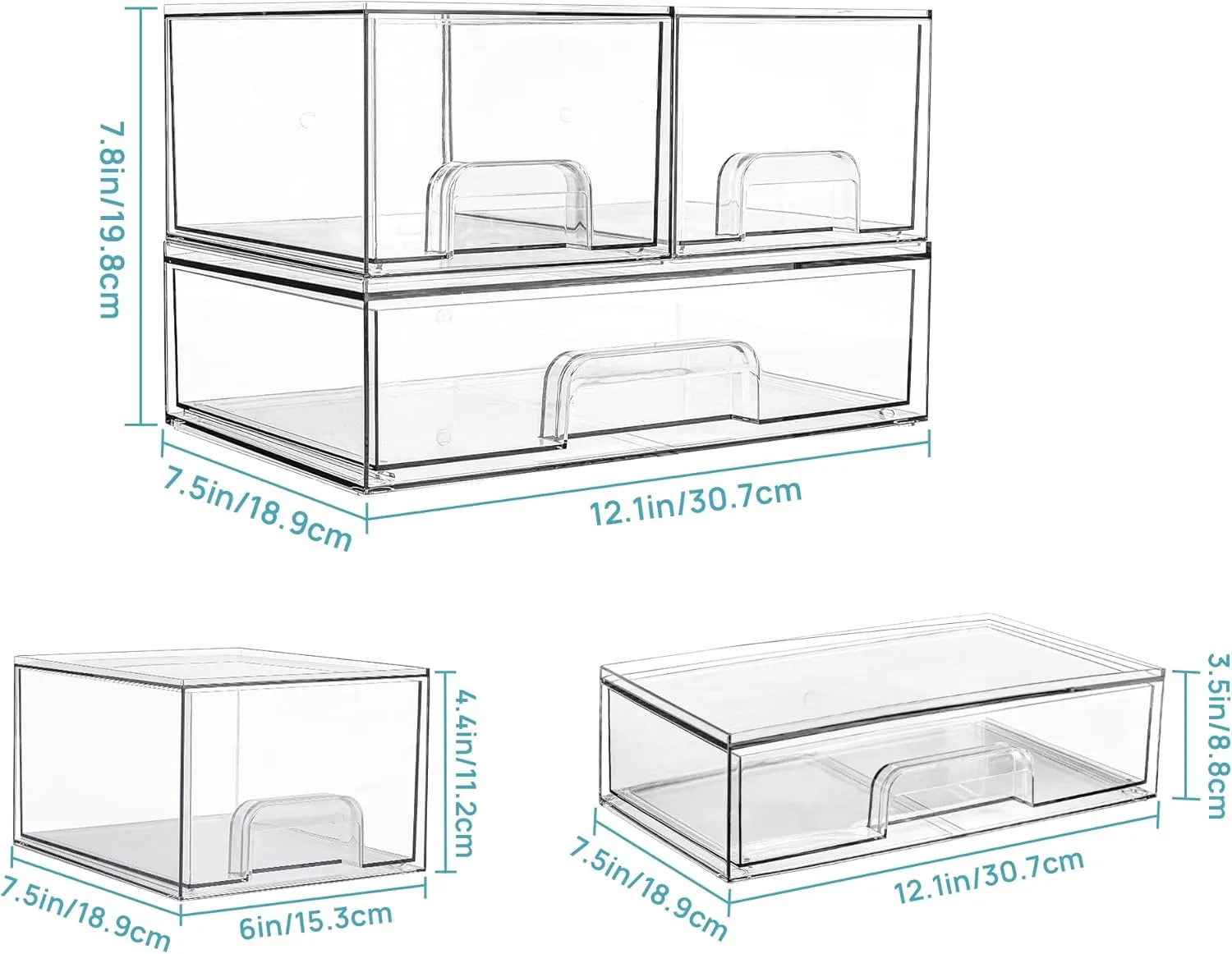 Vtopmart Stackable Storage Drawers Set of 3,Clear Plastic Organizer Bins for Makeup, Cosmetics, Beauty Supplies,Ideal for Vanity, Bathroom,Cabinet,Pantry Organization