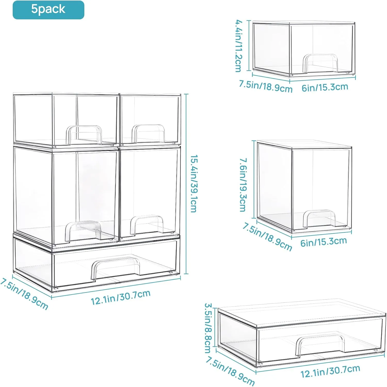 Vtopmart Stackable Storage Drawers Set of 5, Clear Plastic Organizer Bins for Beauty Supplies,Ideal for Vanity, Bathroom,Cabinet,Pantry Organization