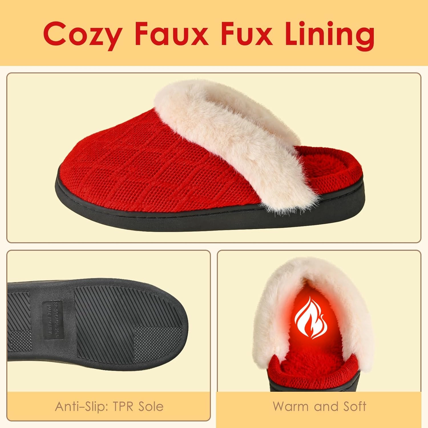 Warm Knit House Slippers for Women Men, Fuzzy Winter Bedroom Shoes with Plush Faux Fur Lining, Women's Slip-on Slippers for Indoor Outdoor