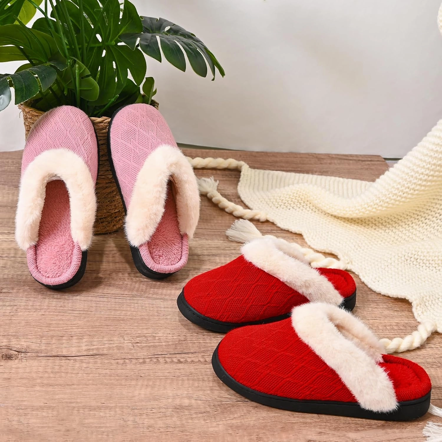 Warm Knit House Slippers for Women Men, Fuzzy Winter Bedroom Shoes with Plush Faux Fur Lining, Women's Slip-on Slippers for Indoor Outdoor