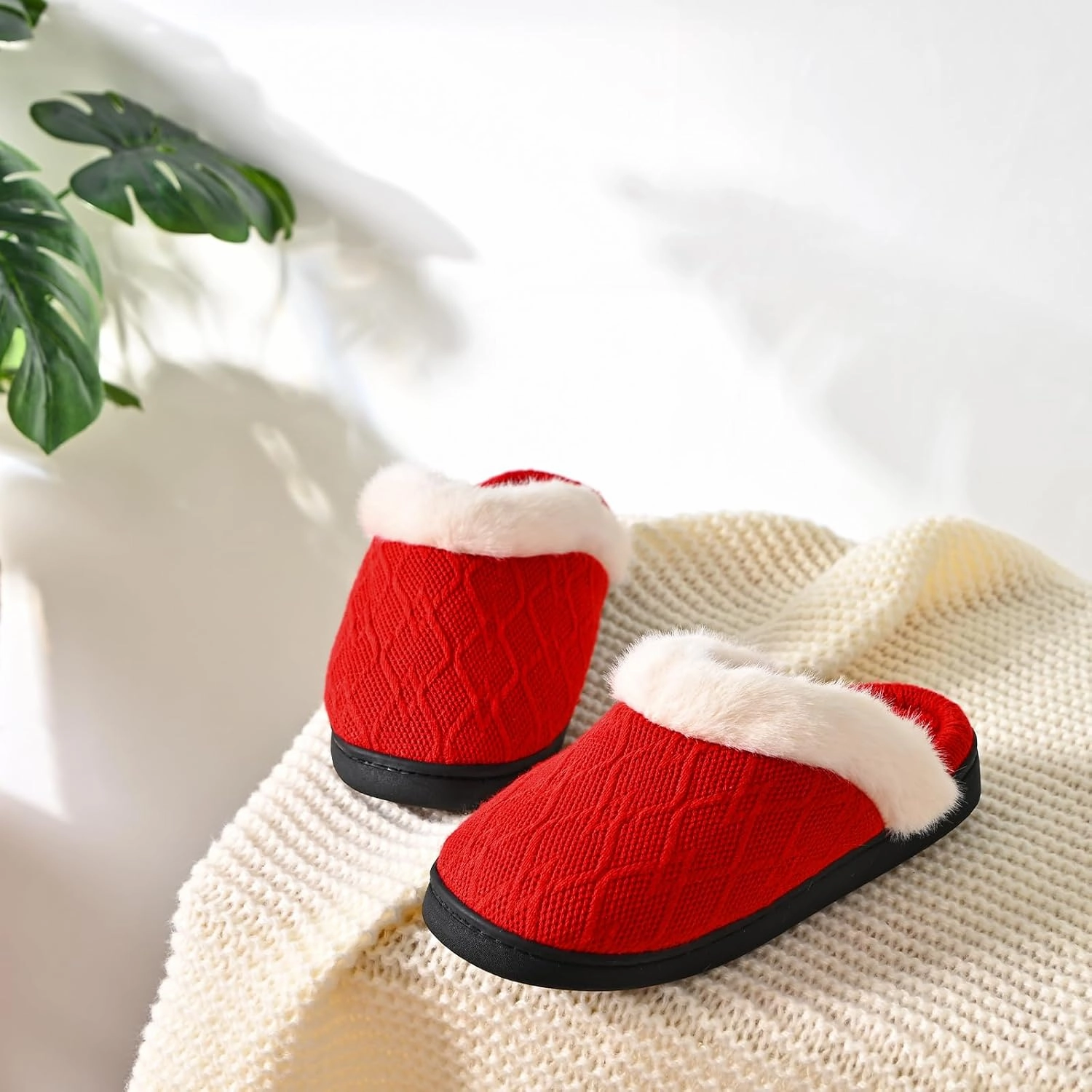 Warm Knit House Slippers for Women Men, Fuzzy Winter Bedroom Shoes with Plush Faux Fur Lining, Women's Slip-on Slippers for Indoor Outdoor