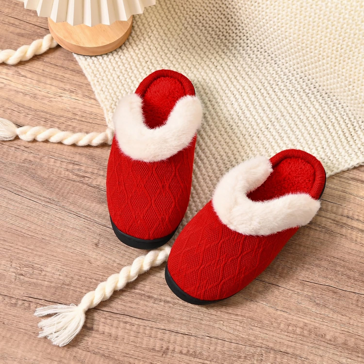 Warm Knit House Slippers for Women Men, Fuzzy Winter Bedroom Shoes with Plush Faux Fur Lining, Women's Slip-on Slippers for Indoor Outdoor