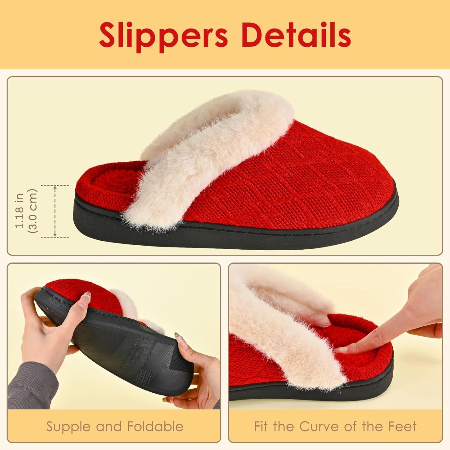 Warm Knit House Slippers for Women Men, Fuzzy Winter Bedroom Shoes with Plush Faux Fur Lining, Women's Slip-on Slippers for Indoor Outdoor