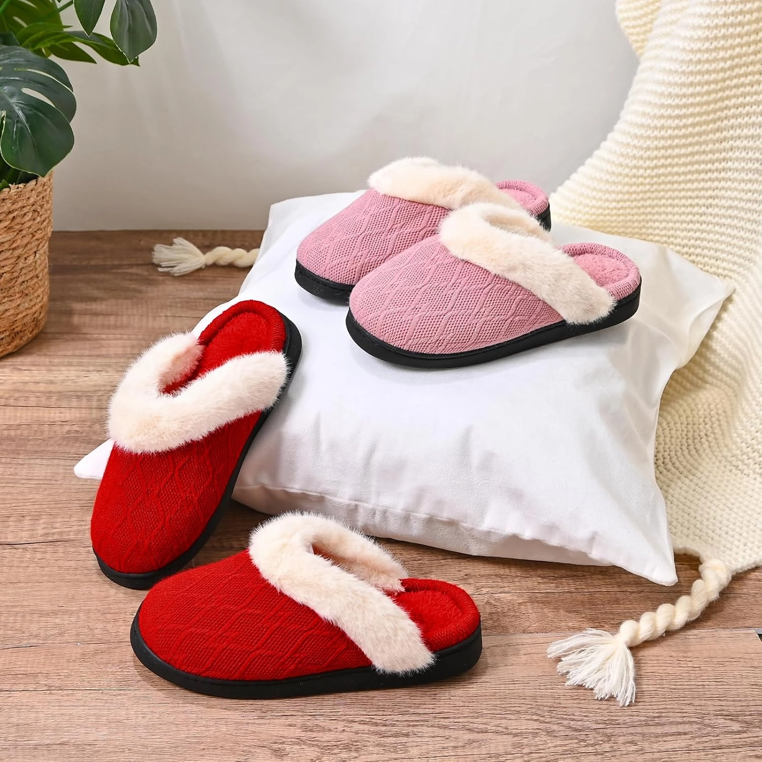 Warm Knit House Slippers for Women Men, Fuzzy Winter Bedroom Shoes with Plush Faux Fur Lining, Women's Slip-on Slippers for Indoor Outdoor