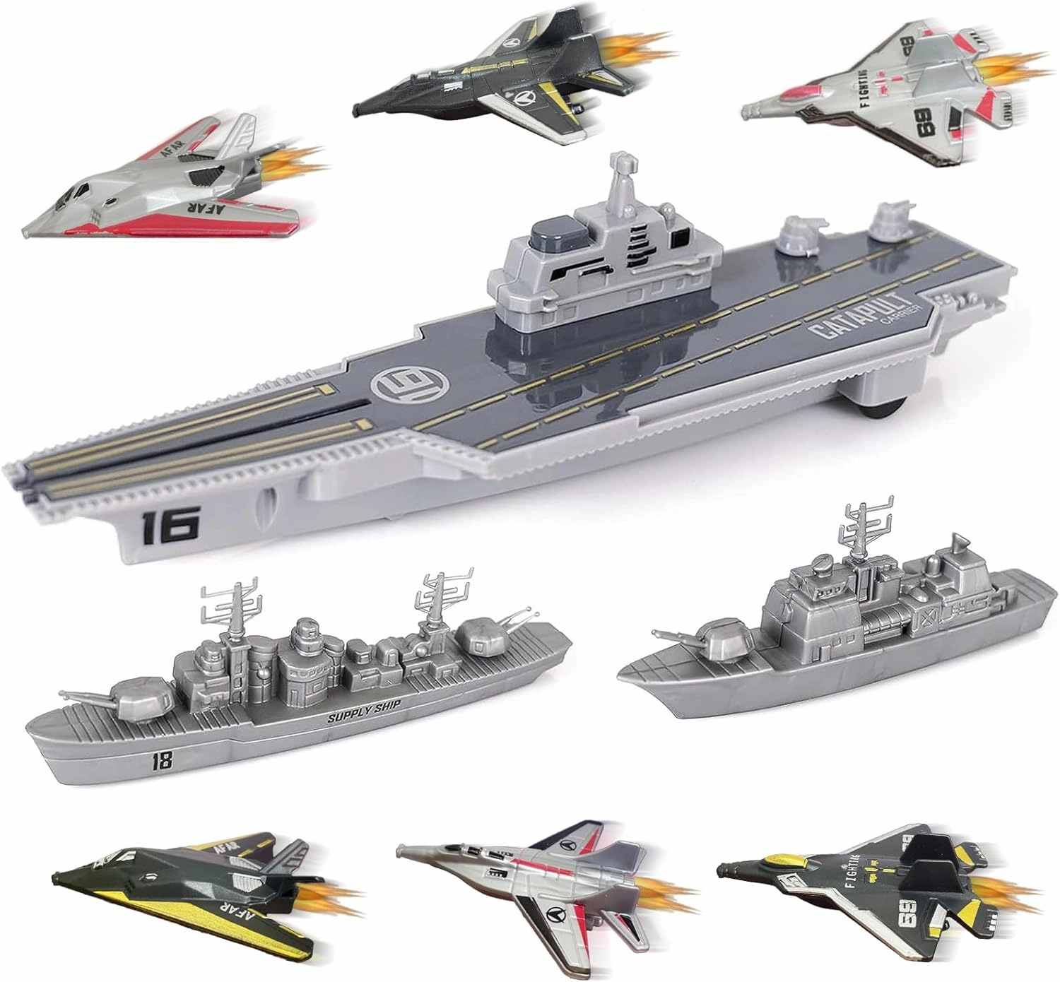 WASK Army Toys for Boys - Launching Military Aircraft Carrier Toys Set Military Naval Ship with Battleship, Supply Ship, Fighter Jets, Aircraft Carrier Model Kit Cool Toys for Boys Girls