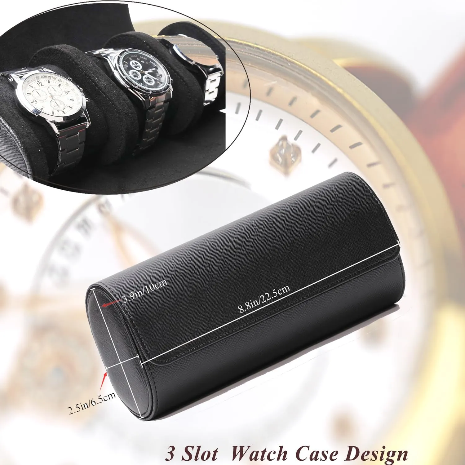Watch Travel Case, Luxury Leather Watch Roll 3 Slot Organizer Box, Jewelry Storage Case Gifts for Man and Woman Christmas Anniversary Birthday(Black-3slot)