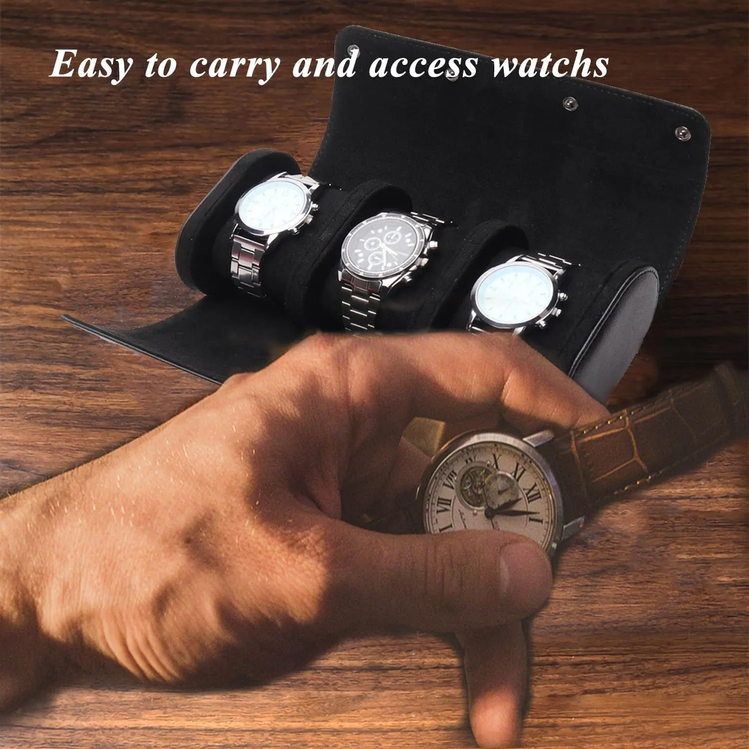 Watch Travel Case, Luxury Leather Watch Roll 3 Slot Organizer Box, Jewelry Storage Case Gifts for Man and Woman Christmas Anniversary Birthday(Black-3slot)