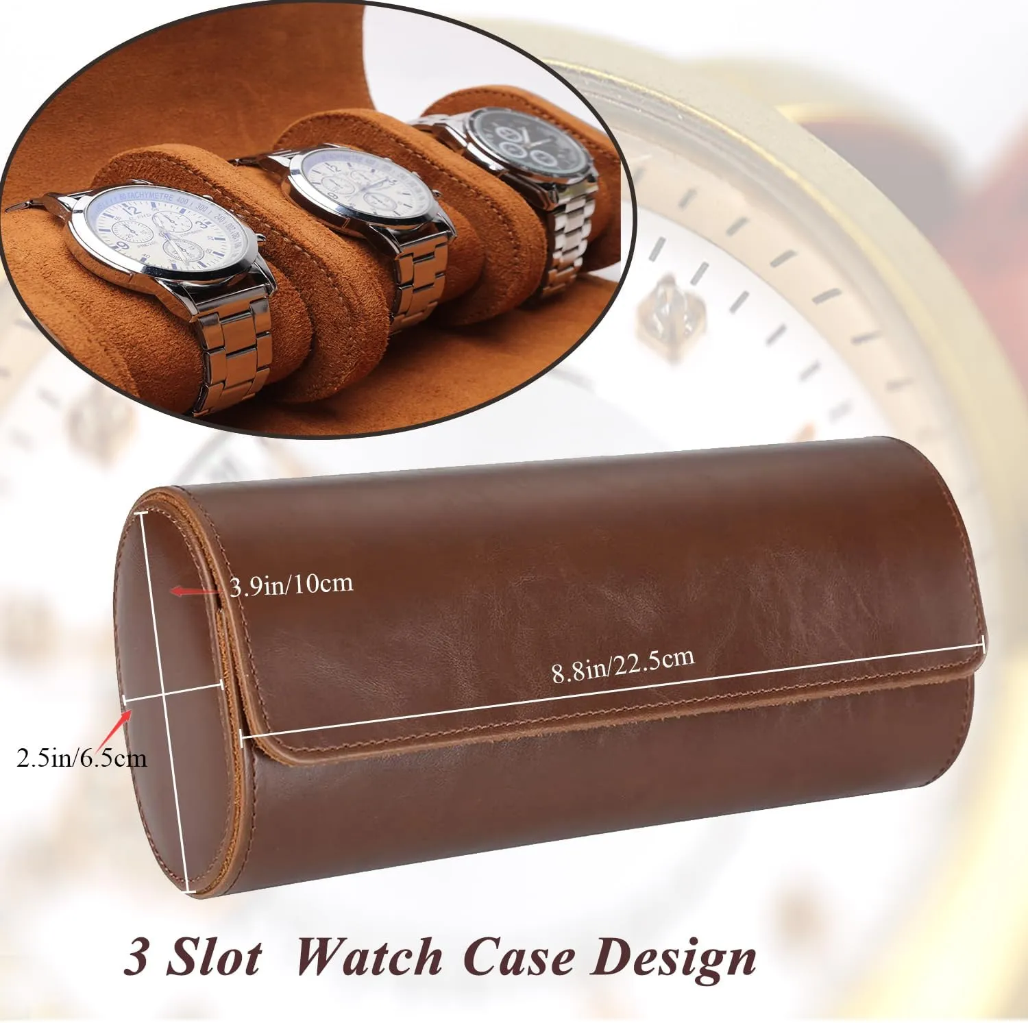 Watch Travel Case, Luxury Leather Watch Roll 3 Slot Organizer Box, Jewelry Storage Case Gifts for Man and Woman Christmas Anniversary Birthday(Brown-3slot)