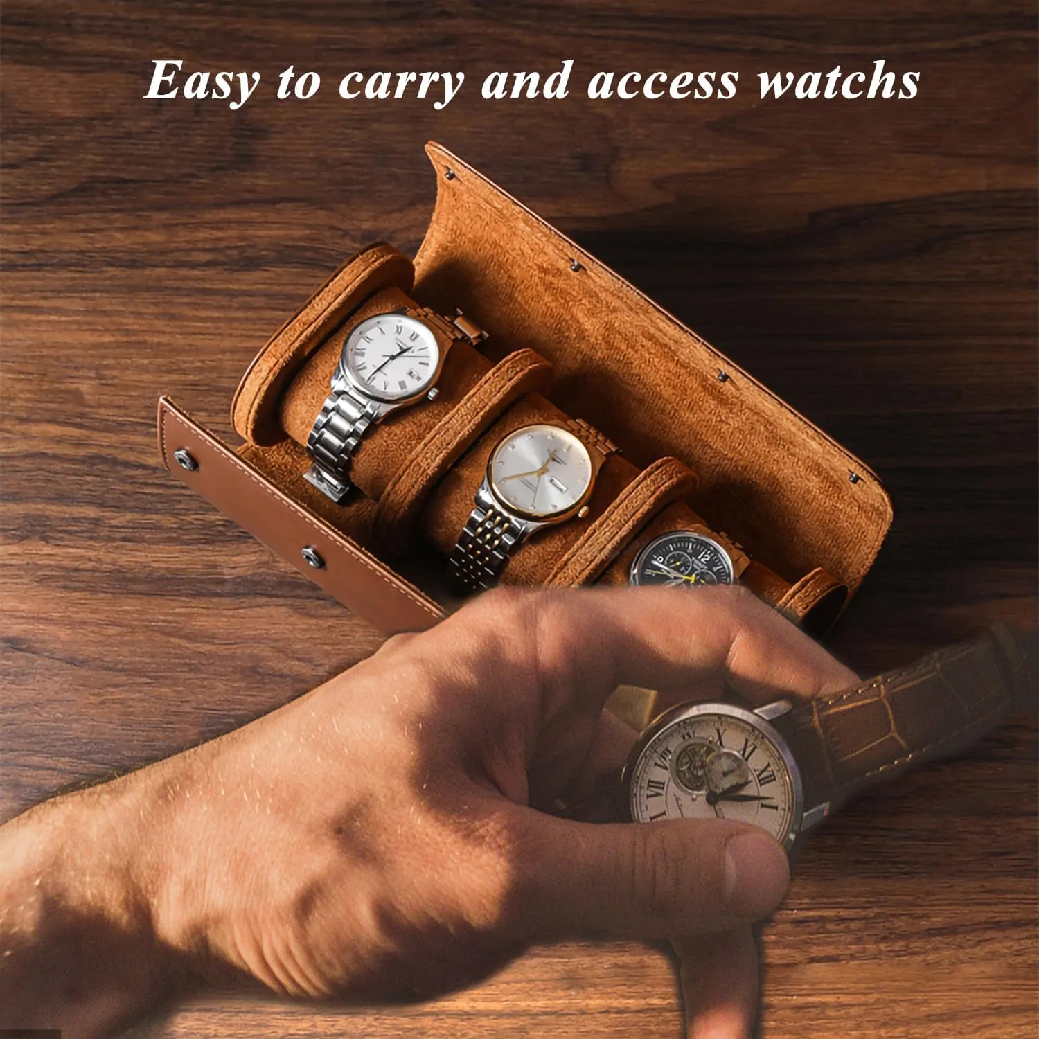 Watch Travel Case, Luxury Leather Watch Roll 3 Slot Organizer Box, Jewelry Storage Case Gifts for Man and Woman Christmas Anniversary Birthday(Brown-3slot)