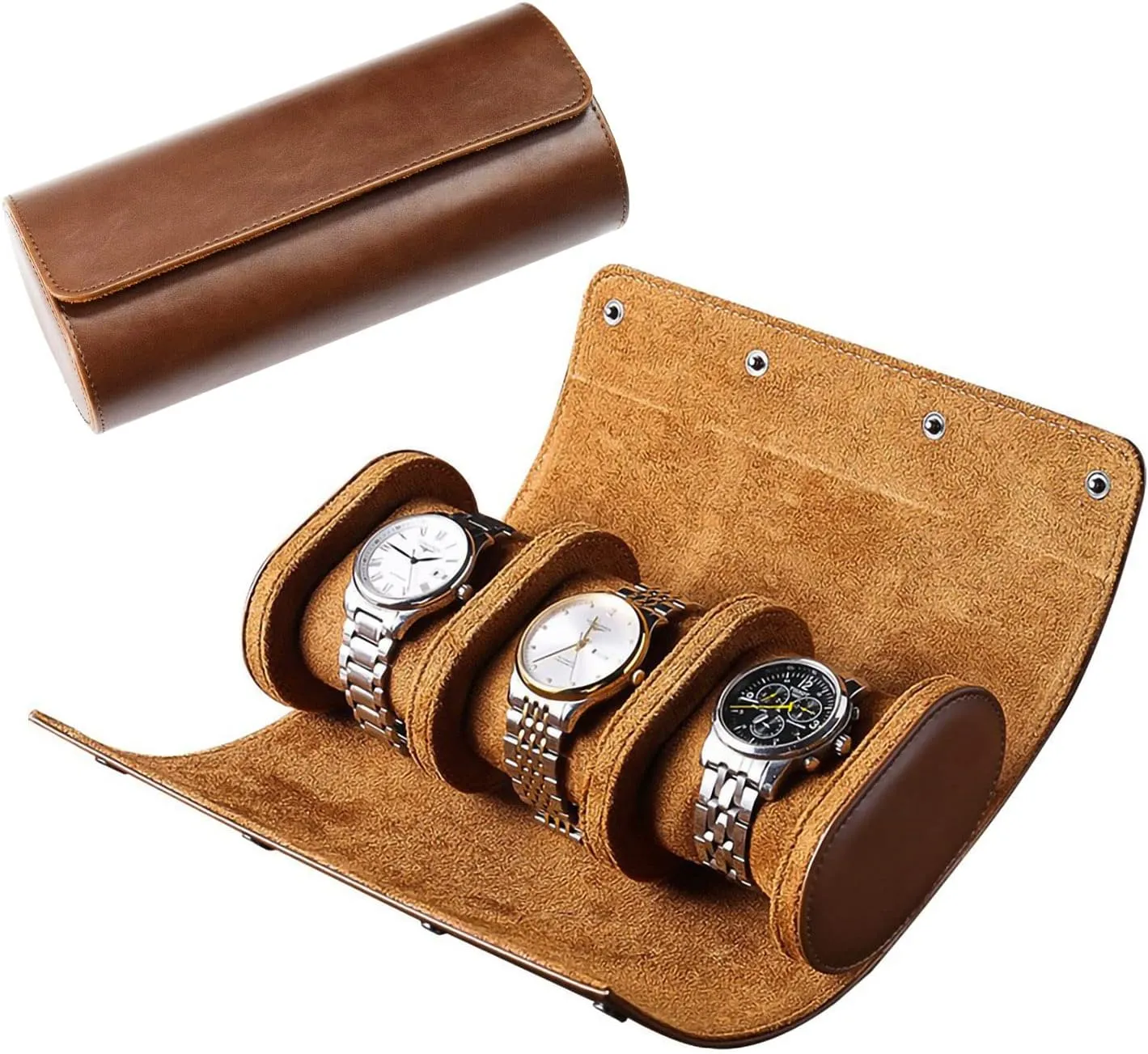 Watch Travel Case, Luxury Leather Watch Roll 3 Slot Organizer Box, Jewelry Storage Case Gifts for Man and Woman Christmas Anniversary Birthday(Brown-3slot)