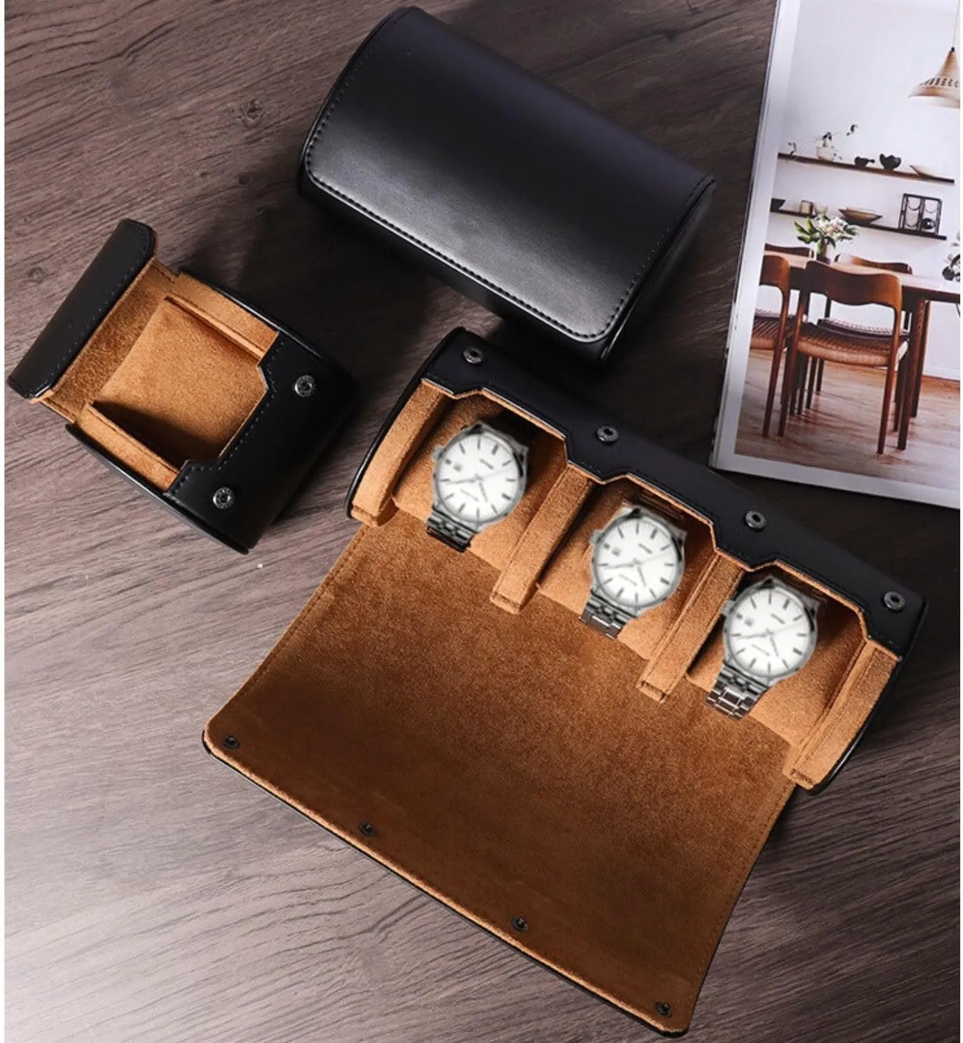 Watch Travel Case Portable Organizer - Luxury Watch Roll Travel Box Recycled Leather Watch Storage and Display for Men and Women (WCASE-2-BLACK)