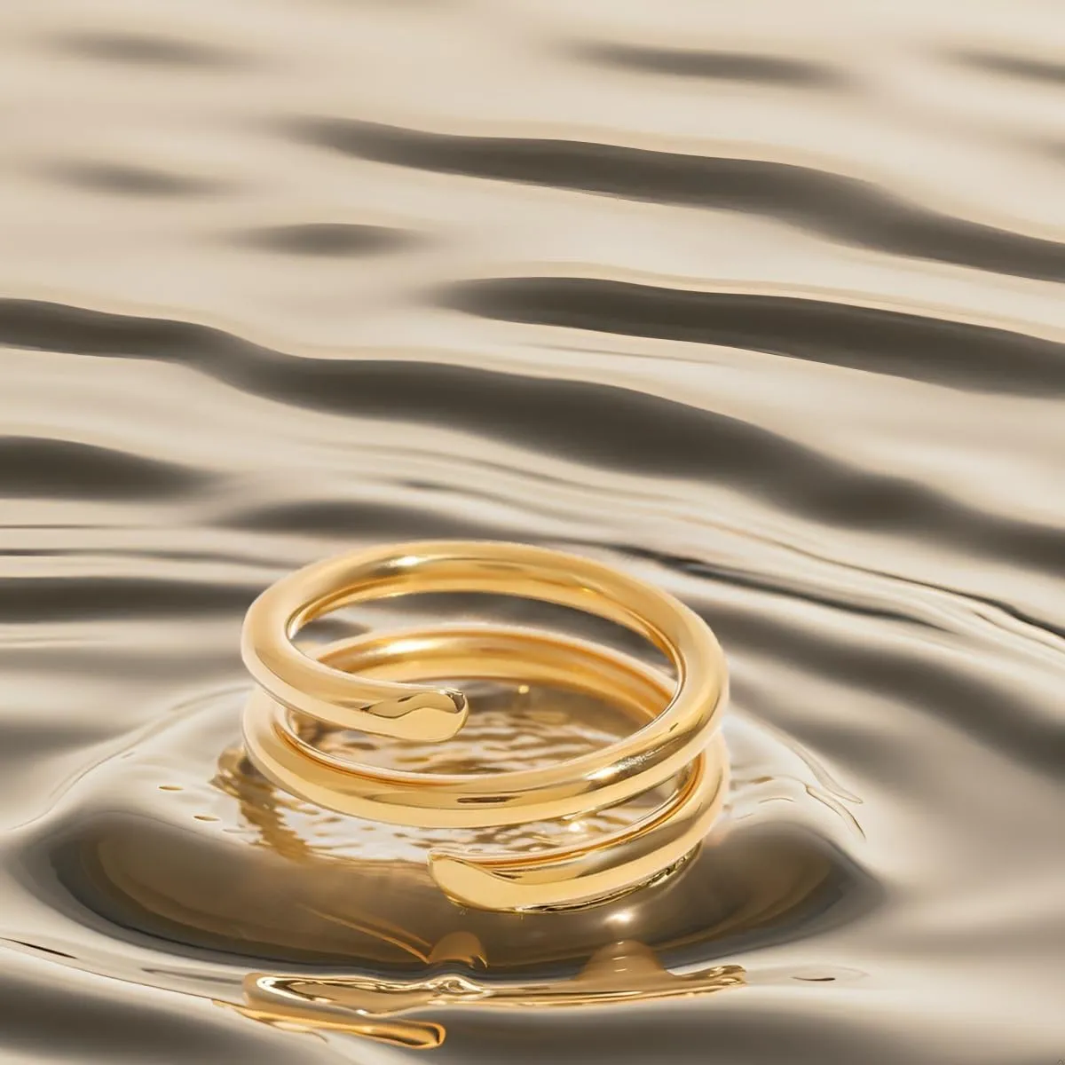 Waterproof Non Tarnish Gold Stackable Rings for Women - Water Resistant Tarnish Free Wave Chunky Rings - Stainless Steel Gold Rings for Women