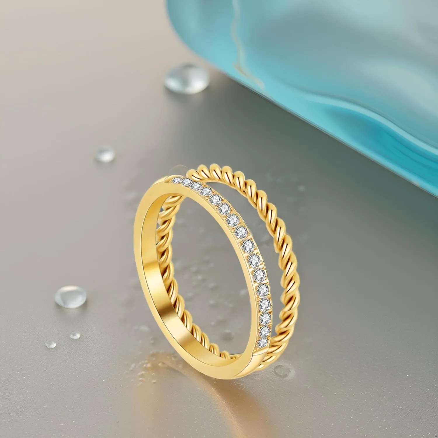 Waterproof Non Tarnish Gold Stackable Rings for Women - Water Resistant Tarnish Free Wave Chunky Rings - Stainless Steel Gold Rings for Women