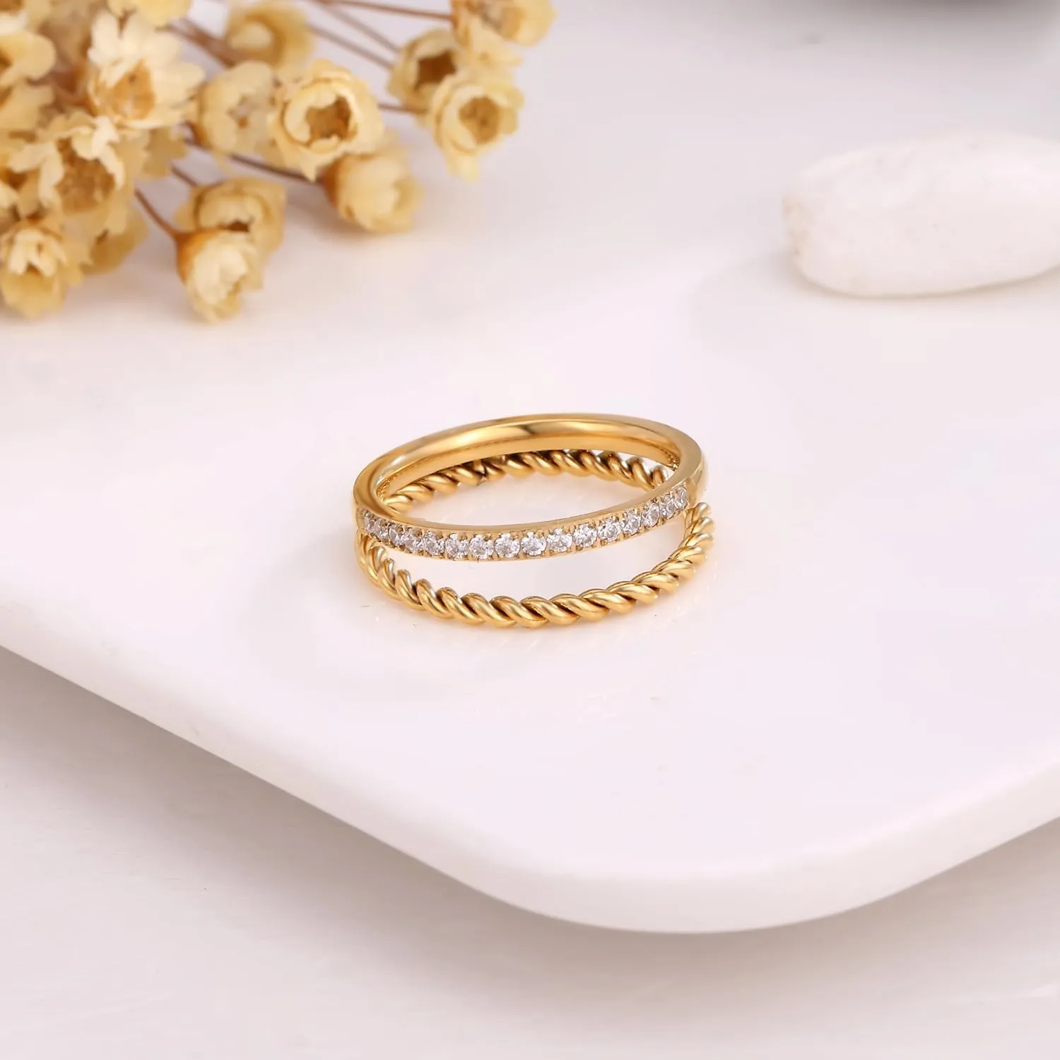 Waterproof Non Tarnish Gold Stackable Rings for Women - Water Resistant Tarnish Free Wave Chunky Rings - Stainless Steel Gold Rings for Women