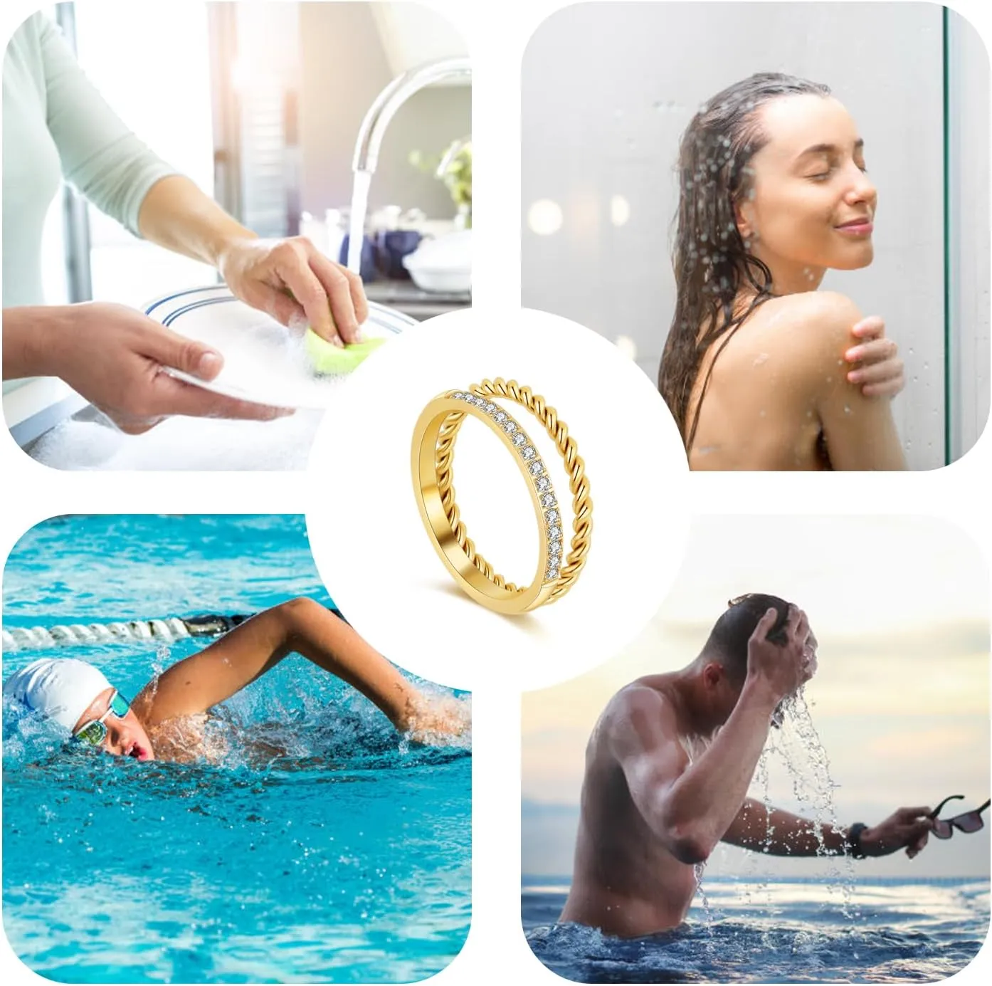 Waterproof Non Tarnish Gold Stackable Rings for Women - Water Resistant Tarnish Free Wave Chunky Rings - Stainless Steel Gold Rings for Women